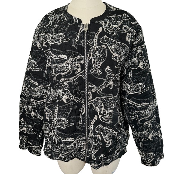 H&M Women's Size 12 Black & White Leopard Print Quilted Bomber Jacket - Picture 1 of 10